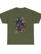 Multi-Colored Fireworks on a Super Comfy Cotton Tee.