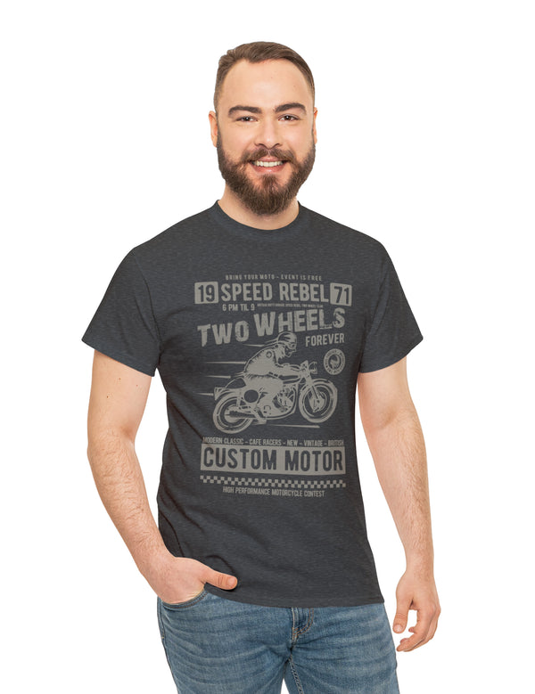 Two Wheels Forever Custom Motorcycle Cafe Racer style T-Shirt. Light Text on a darker Tee.