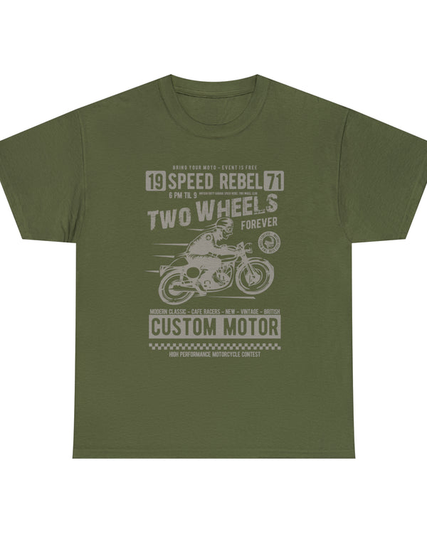 Two Wheels Forever Custom Motorcycle Cafe Racer style T-Shirt. Light Text on a darker Tee.