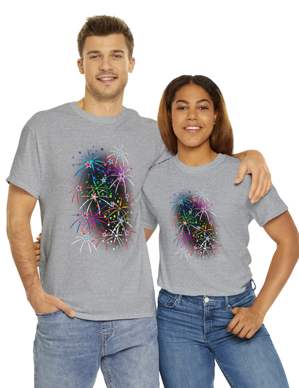 Multi-Colored Fireworks on a Super Comfy Cotton Tee.