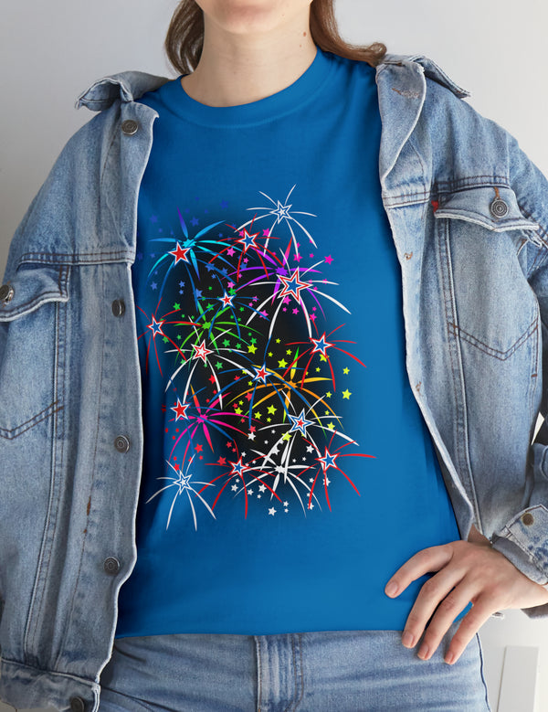 Multi-Colored Fireworks on a Super Comfy Cotton Tee.