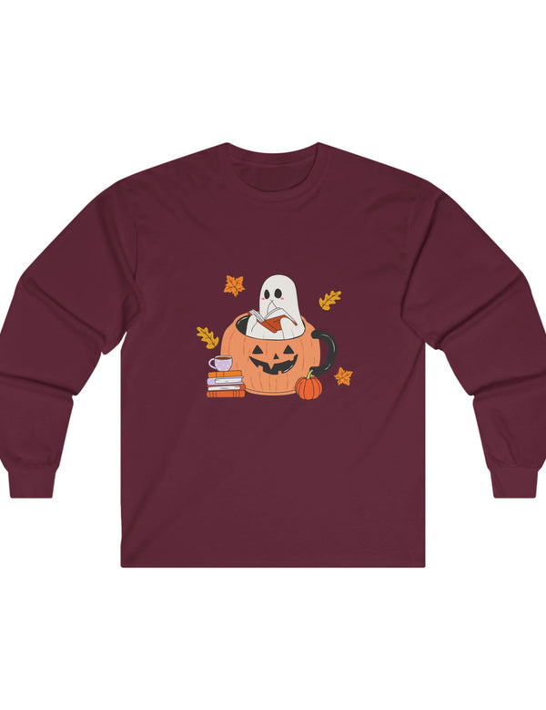 Ghost Reading A Book Inside A Pumpkin in an Ultra Cotton Long Sleeve Tee