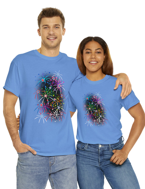 Multi-Colored Fireworks on a Super Comfy Cotton Tee.