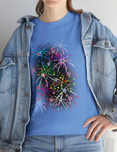 Multi-Colored Fireworks on a Super Comfy Cotton Tee.