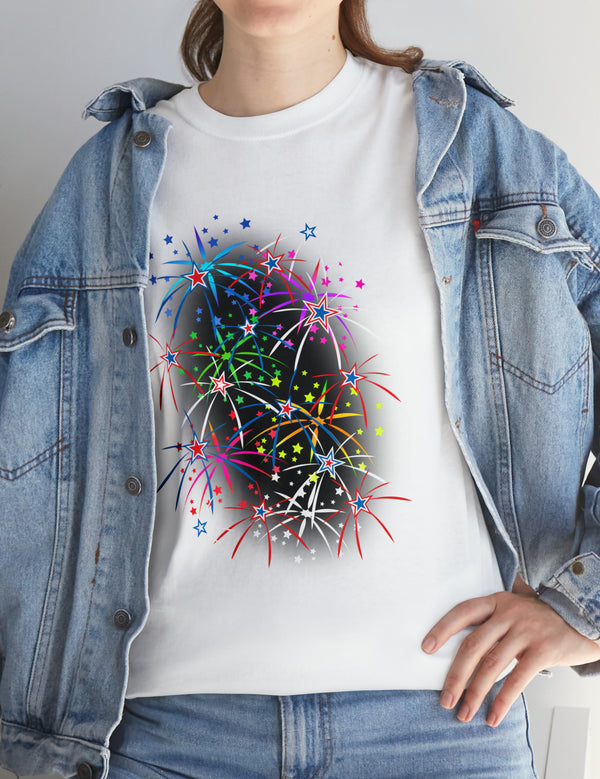 Multi-Colored Fireworks on a Super Comfy Cotton Tee.