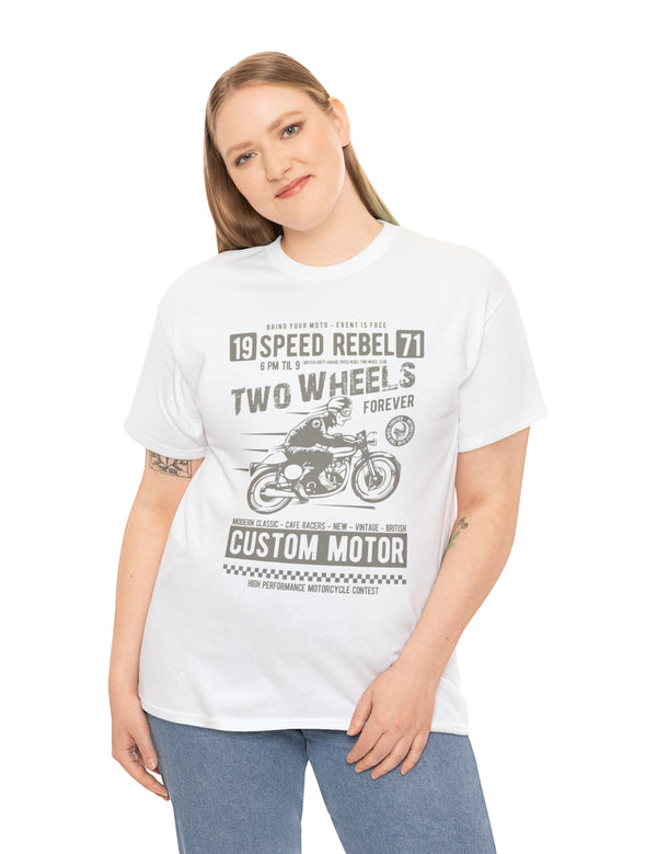 Two Wheels Forever Custom Motorcycle Cafe Racer style T-Shirt. Light Text on a darker Tee.