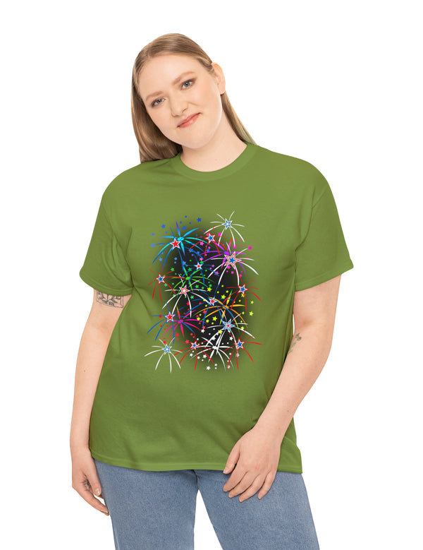 Multi-Colored Fireworks on a Super Comfy Cotton Tee.