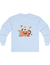 Ghost Reading A Book Inside A Pumpkin in an Ultra Cotton Long Sleeve Tee