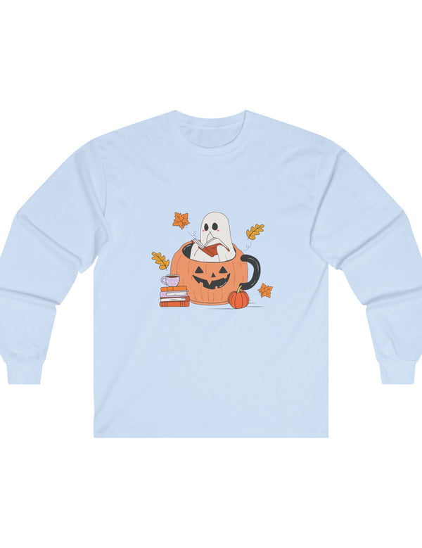 Ghost Reading A Book Inside A Pumpkin in an Ultra Cotton Long Sleeve Tee