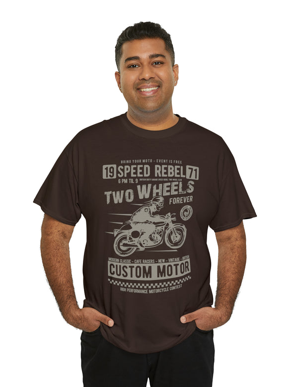 Two Wheels Forever Custom Motorcycle Cafe Racer style T-Shirt. Light Text on a darker Tee.