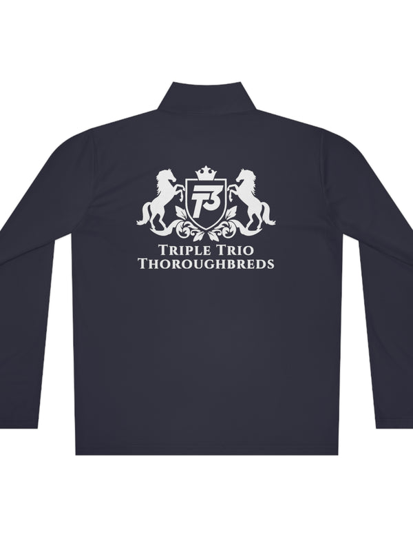 Triple Trio Thouroughbreds in a White logo on a Darker Colored Unisex Quarter-Zip Pullover