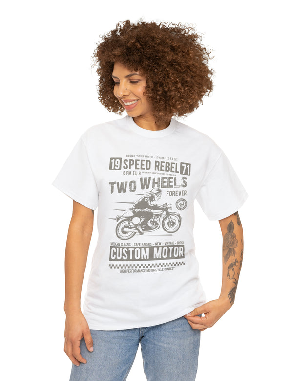 Two Wheels Forever Custom Motorcycle Cafe Racer style T-Shirt. Light Text on a darker Tee.