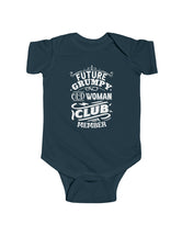 Future Old Woman Club Member (in training) in white type on dark Infant Fine Jersey Bodysuit