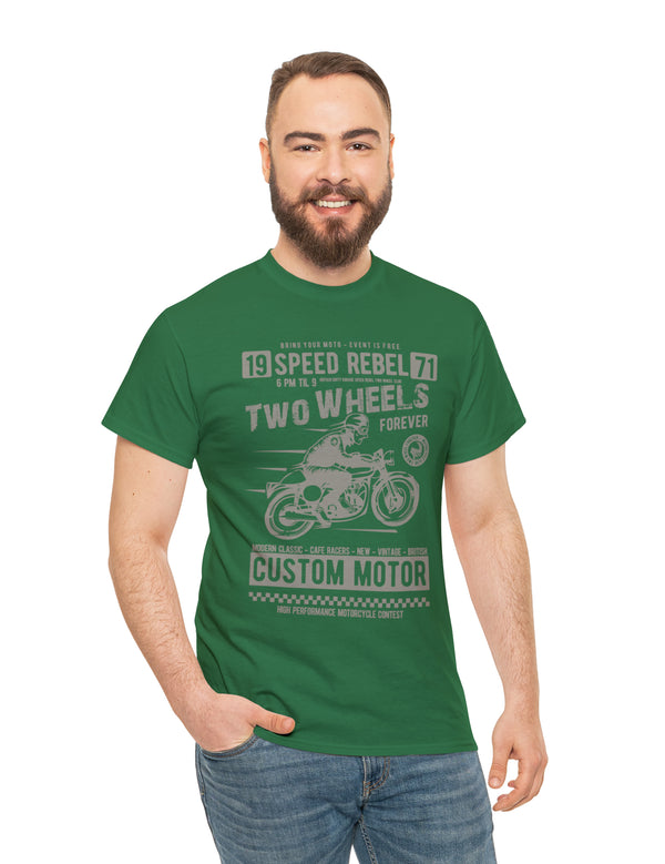 Two Wheels Forever Custom Motorcycle Cafe Racer style T-Shirt. Light Text on a darker Tee.