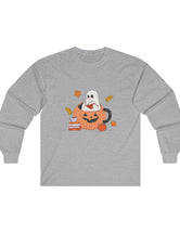 Ghost Reading A Book Inside A Pumpkin in an Ultra Cotton Long Sleeve Tee