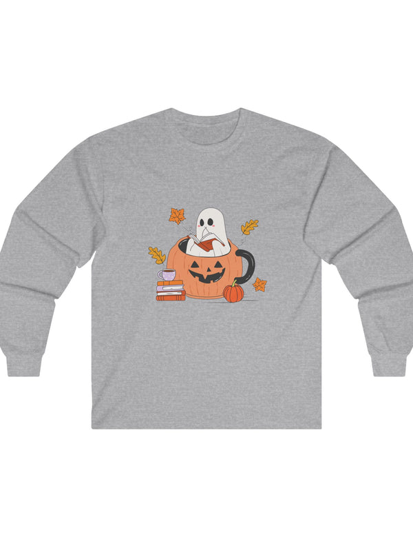 Ghost Reading A Book Inside A Pumpkin in an Ultra Cotton Long Sleeve Tee