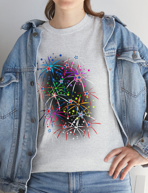 Multi-Colored Fireworks on a Super Comfy Cotton Tee.