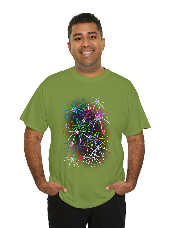 Multi-Colored Fireworks on a Super Comfy Cotton Tee.