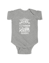 Future Old Woman Club Member (in training) in white type on dark Infant Fine Jersey Bodysuit