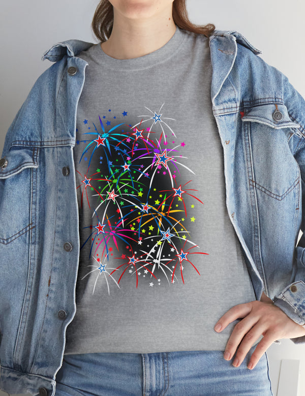 Multi-Colored Fireworks on a Super Comfy Cotton Tee.