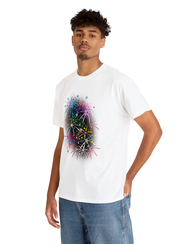 Multi-Colored Fireworks on a Super Comfy Cotton Tee.