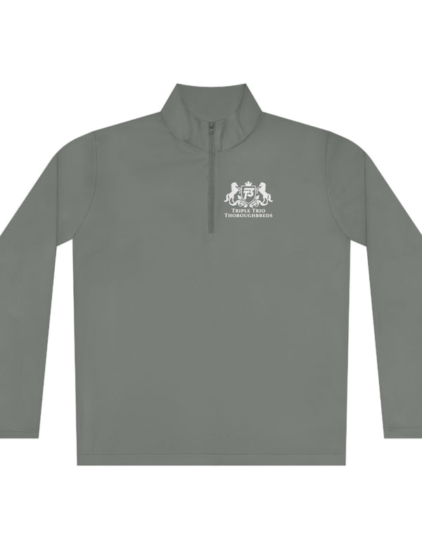 Triple Trio Thouroughbreds in a White logo on a Darker Colored Unisex Quarter-Zip Pullover