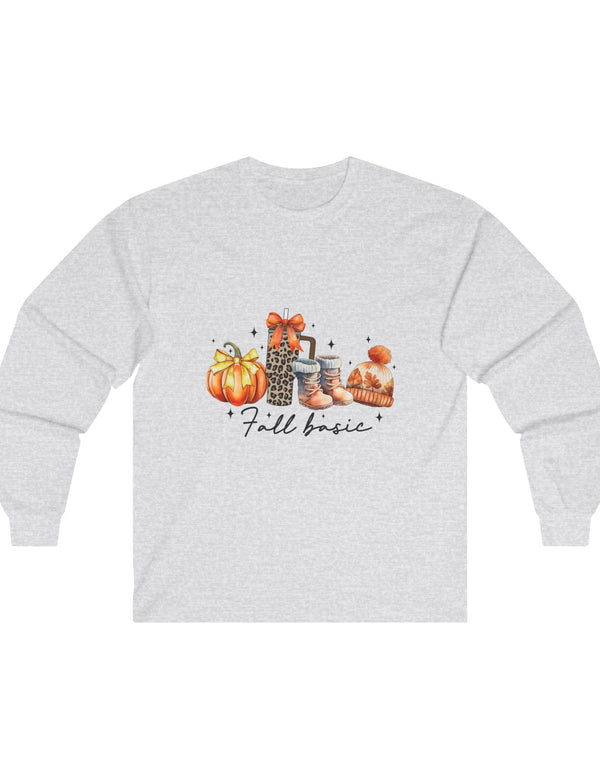 Fall Basics include Pumpkins, Hot Cocoa, Boots, and more in this Ultra Cotton Long Sleeve Tee