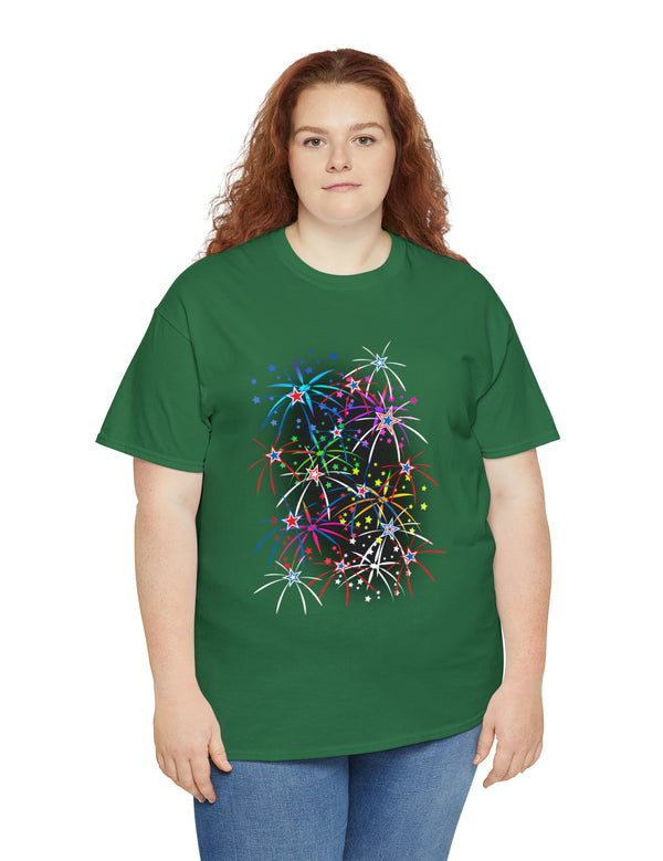 Multi-Colored Fireworks on a Super Comfy Cotton Tee.