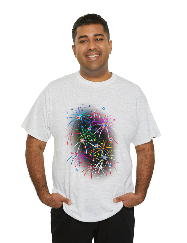 Multi-Colored Fireworks on a Super Comfy Cotton Tee.