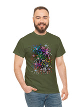 Multi-Colored Fireworks on a Super Comfy Cotton Tee.