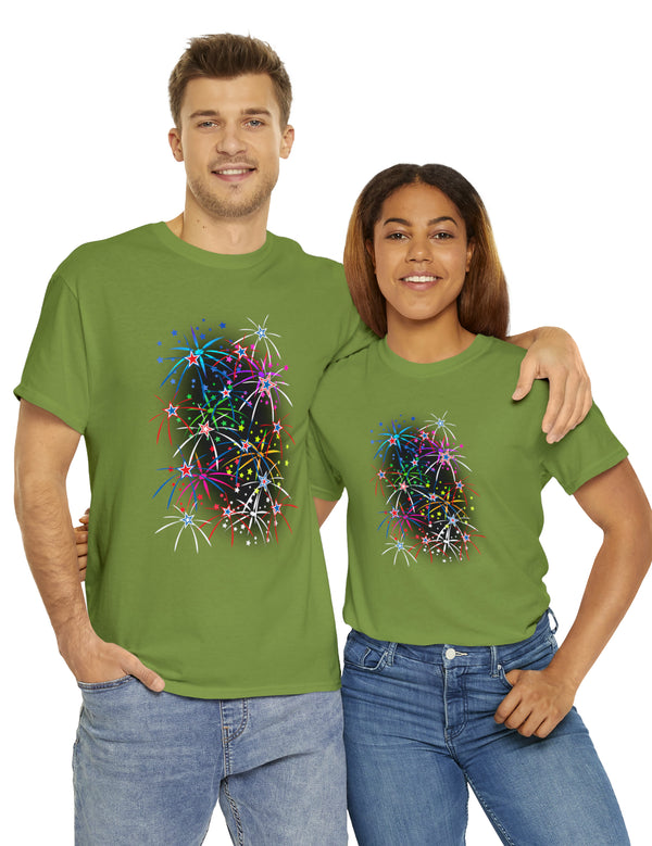 Multi-Colored Fireworks on a Super Comfy Cotton Tee.