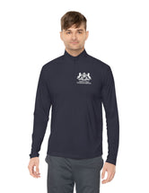 Triple Trio Thouroughbreds in a White logo on a Darker Colored Unisex Quarter-Zip Pullover