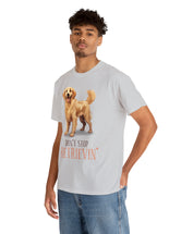 Golden Retriever - Don't Stop Retrieving - on a lighter colored cotton t-shirt.