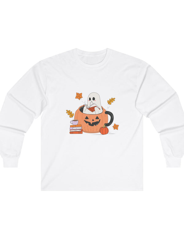 Ghost Reading A Book Inside A Pumpkin in an Ultra Cotton Long Sleeve Tee