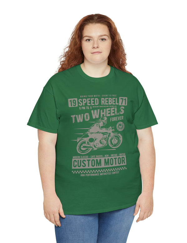 Two Wheels Forever Custom Motorcycle Cafe Racer style T-Shirt. Light Text on a darker Tee.