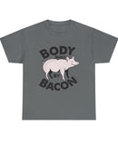 "Body Built By Bacon" dark type in this funny classic tee.