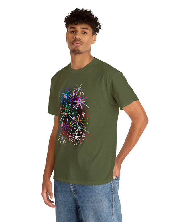 Multi-Colored Fireworks on a Super Comfy Cotton Tee.