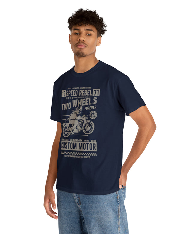 Two Wheels Forever Custom Motorcycle Cafe Racer style T-Shirt. Light Text on a darker Tee.