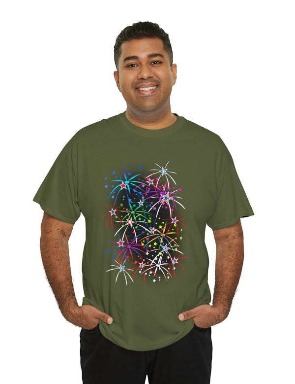 Multi-Colored Fireworks on a Super Comfy Cotton Tee.