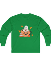 Ghost Reading A Book Inside A Pumpkin in an Ultra Cotton Long Sleeve Tee