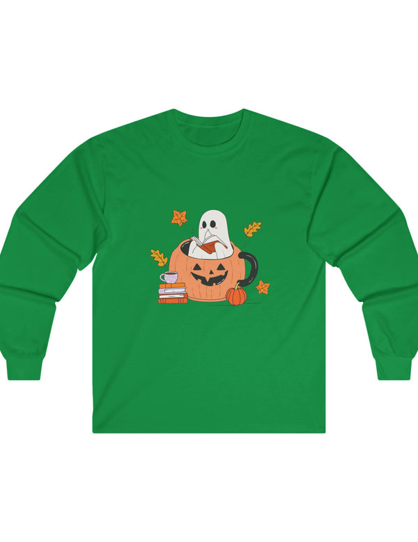 Ghost Reading A Book Inside A Pumpkin in an Ultra Cotton Long Sleeve Tee