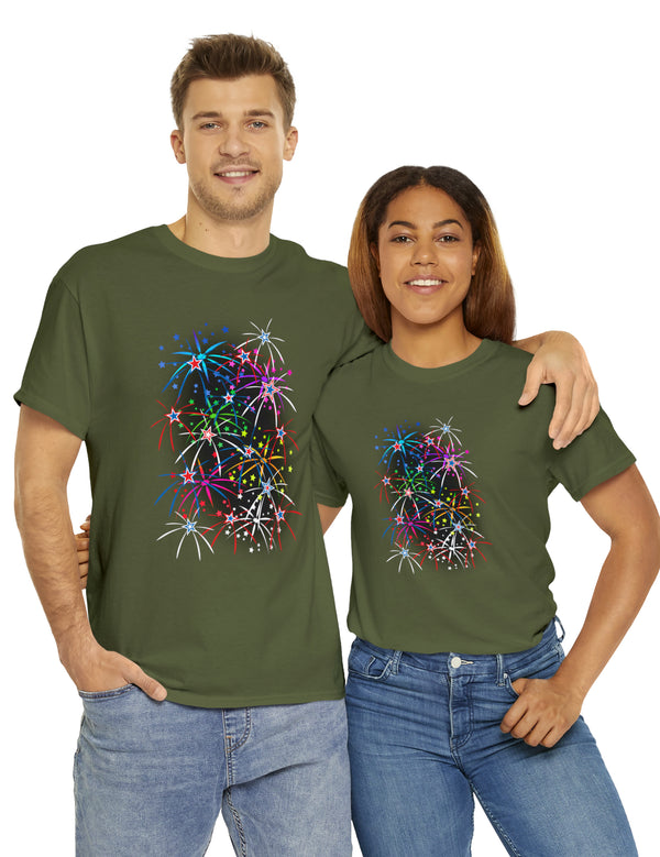 Multi-Colored Fireworks on a Super Comfy Cotton Tee.