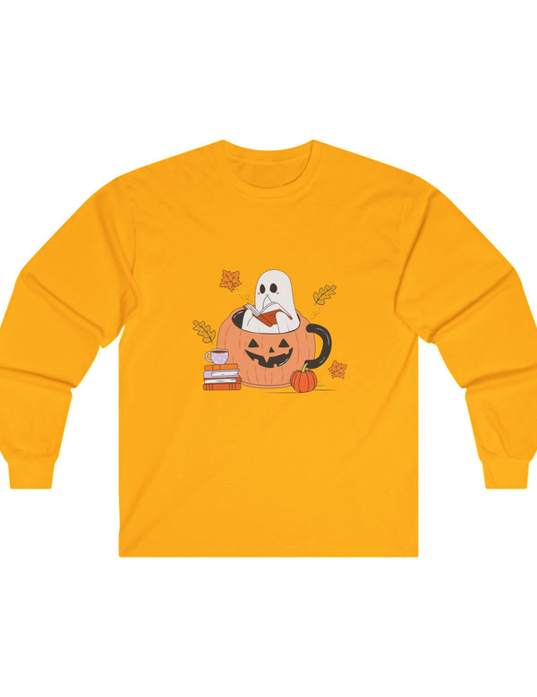 Ghost Reading A Book Inside A Pumpkin in an Ultra Cotton Long Sleeve Tee