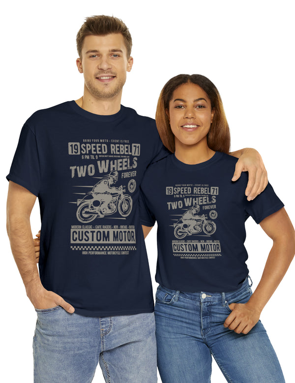 Two Wheels Forever Custom Motorcycle Cafe Racer style T-Shirt. Light Text on a darker Tee.