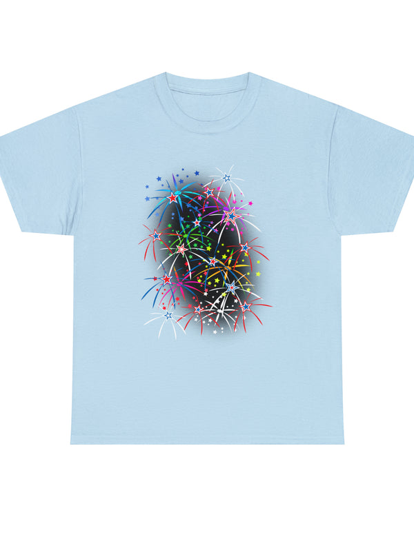 Multi-Colored Fireworks on a Super Comfy Cotton Tee.