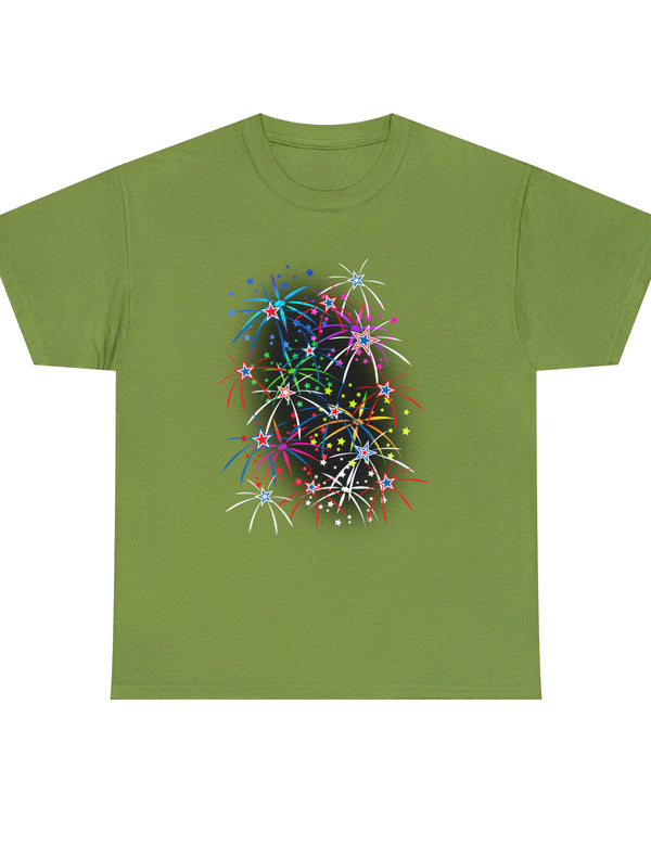 Multi-Colored Fireworks on a Super Comfy Cotton Tee.