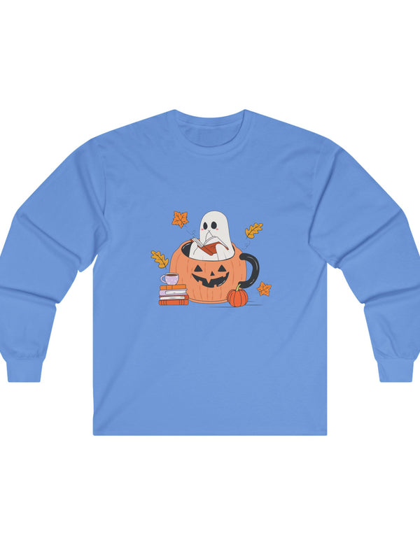 Ghost Reading A Book Inside A Pumpkin in an Ultra Cotton Long Sleeve Tee