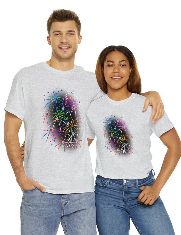 Multi-Colored Fireworks on a Super Comfy Cotton Tee.