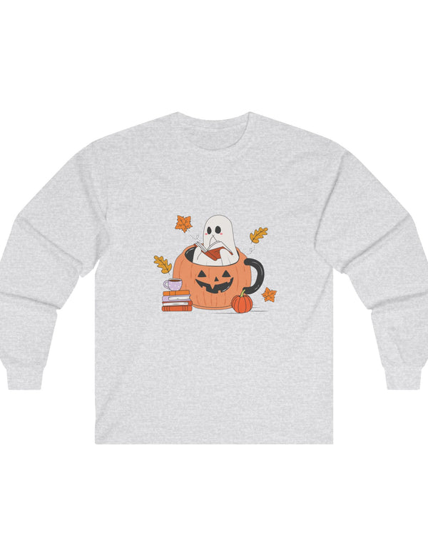 Ghost Reading A Book Inside A Pumpkin in an Ultra Cotton Long Sleeve Tee