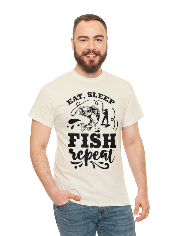 Eat, Sleep, Fish, Repeat! in a super comfortable cotton tee.